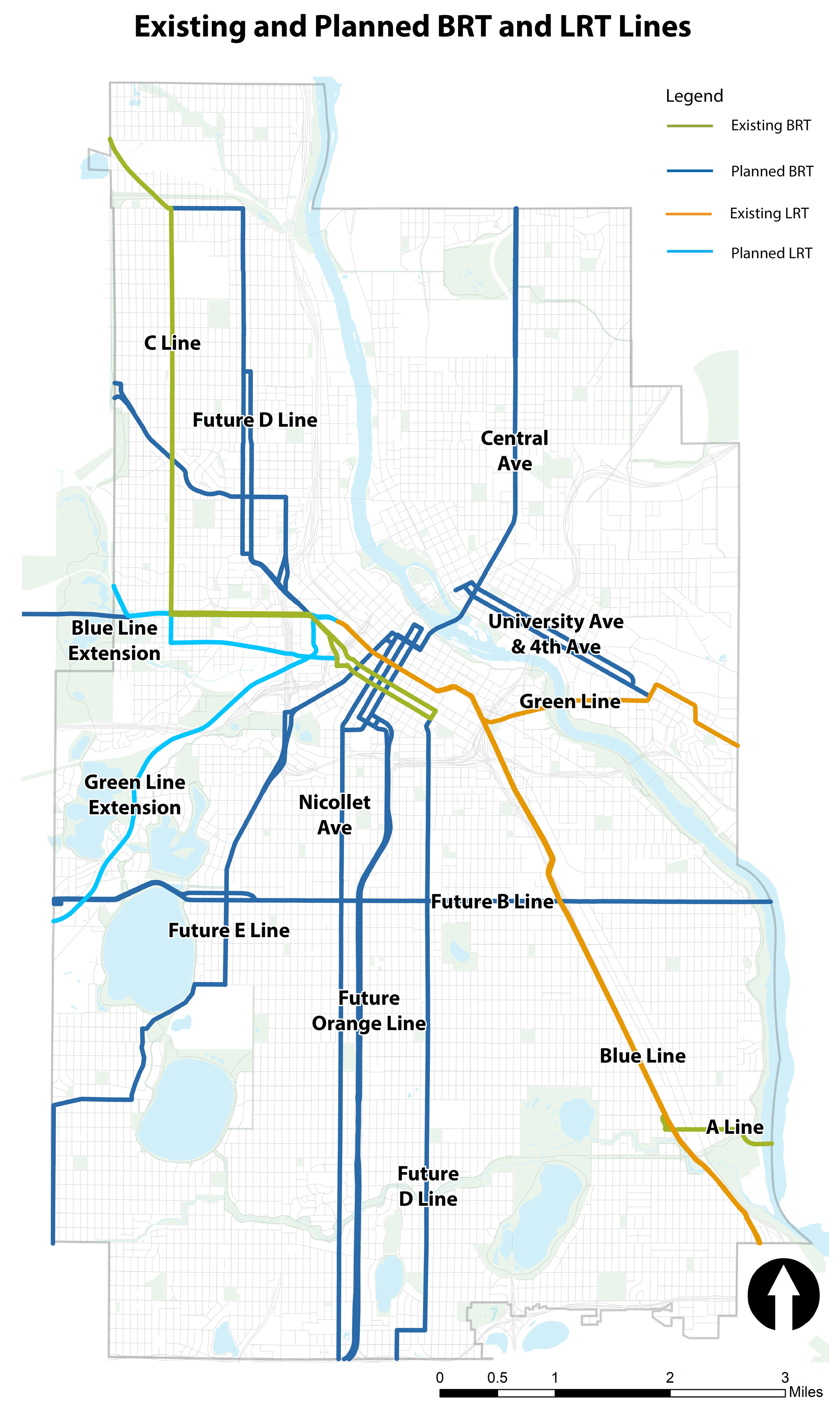 Existing and Planned Bus Rapid Transit and Light Rail lines in Minneapolis