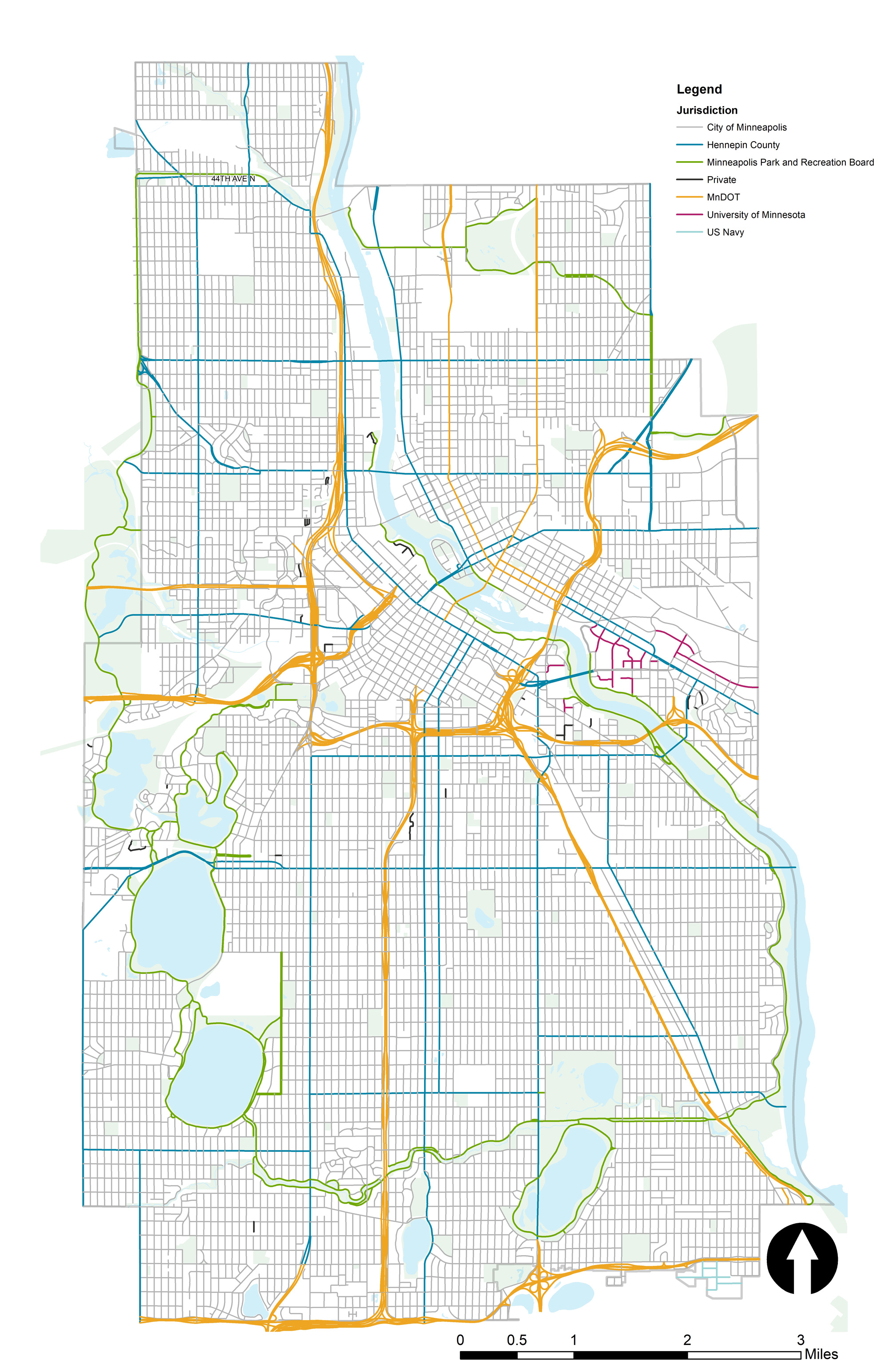 Map showing ownership of roadways in Minneapolis by City of Minneapolis, Hennepin County, Minneapolis Park and Rec Baord, Private, MnDOT, University of Minnesota, and the US Navy