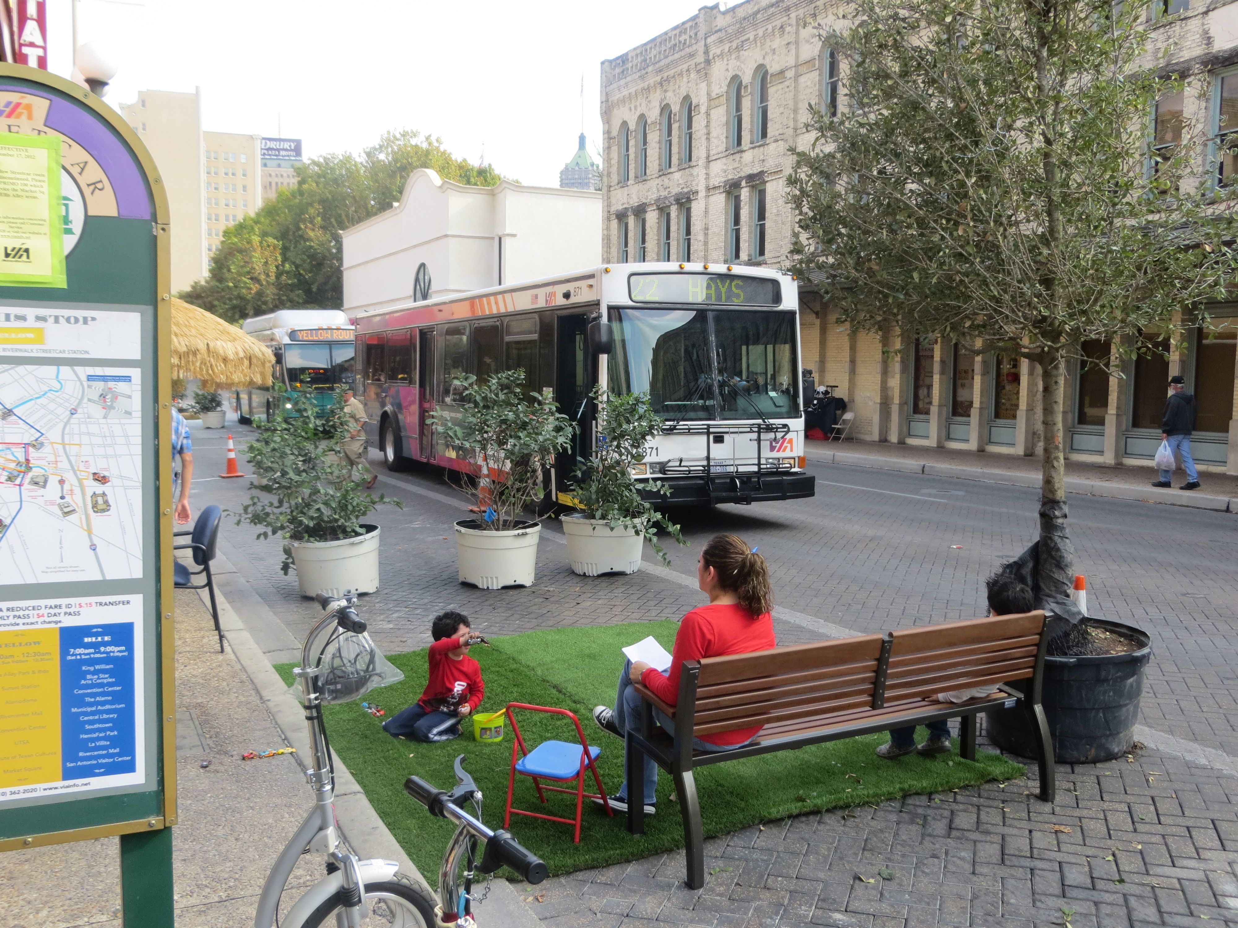 Parklet designed into bus stop, San Antonio
