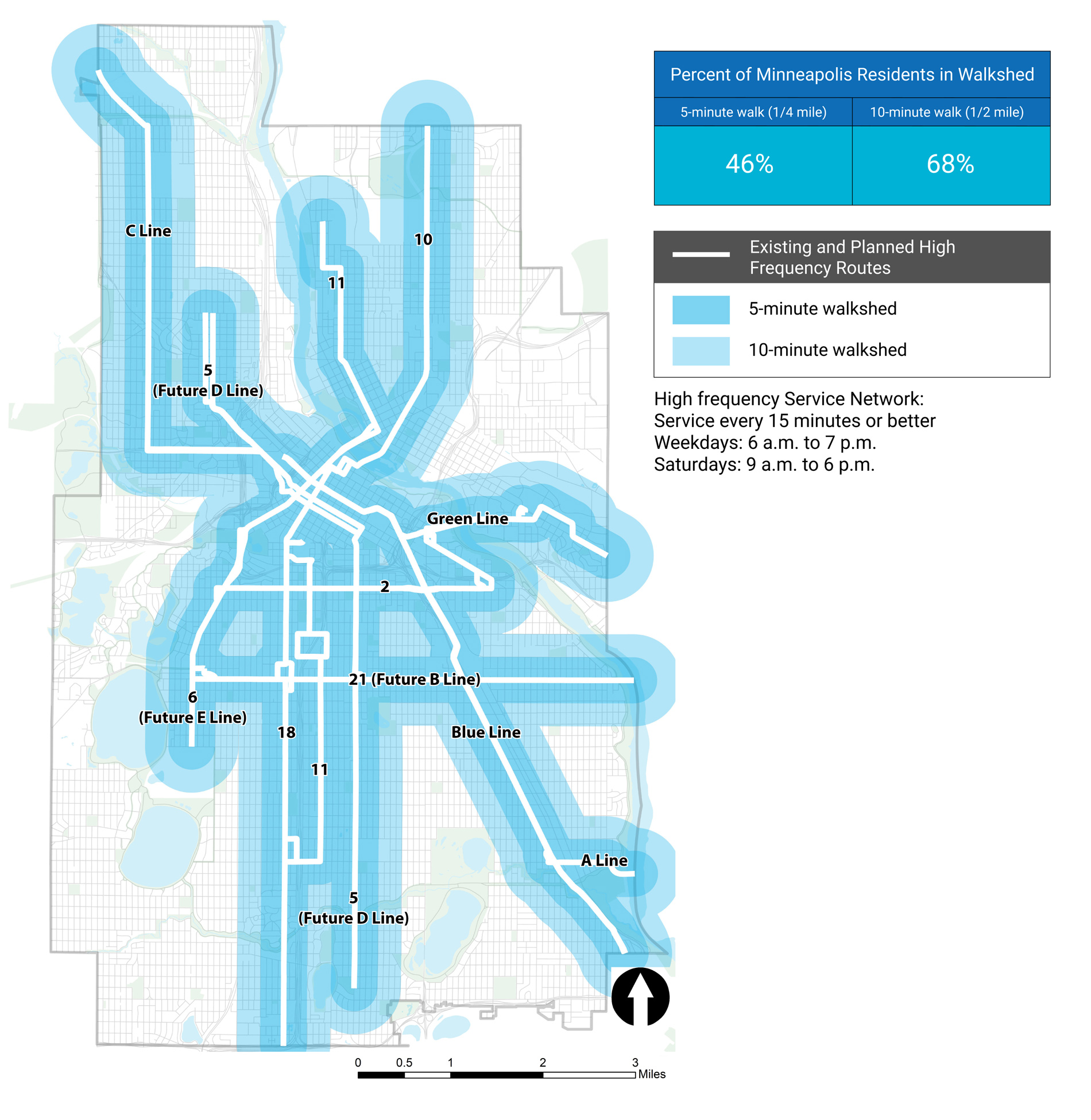5- and 10-minute current walksheds to high frequency transit