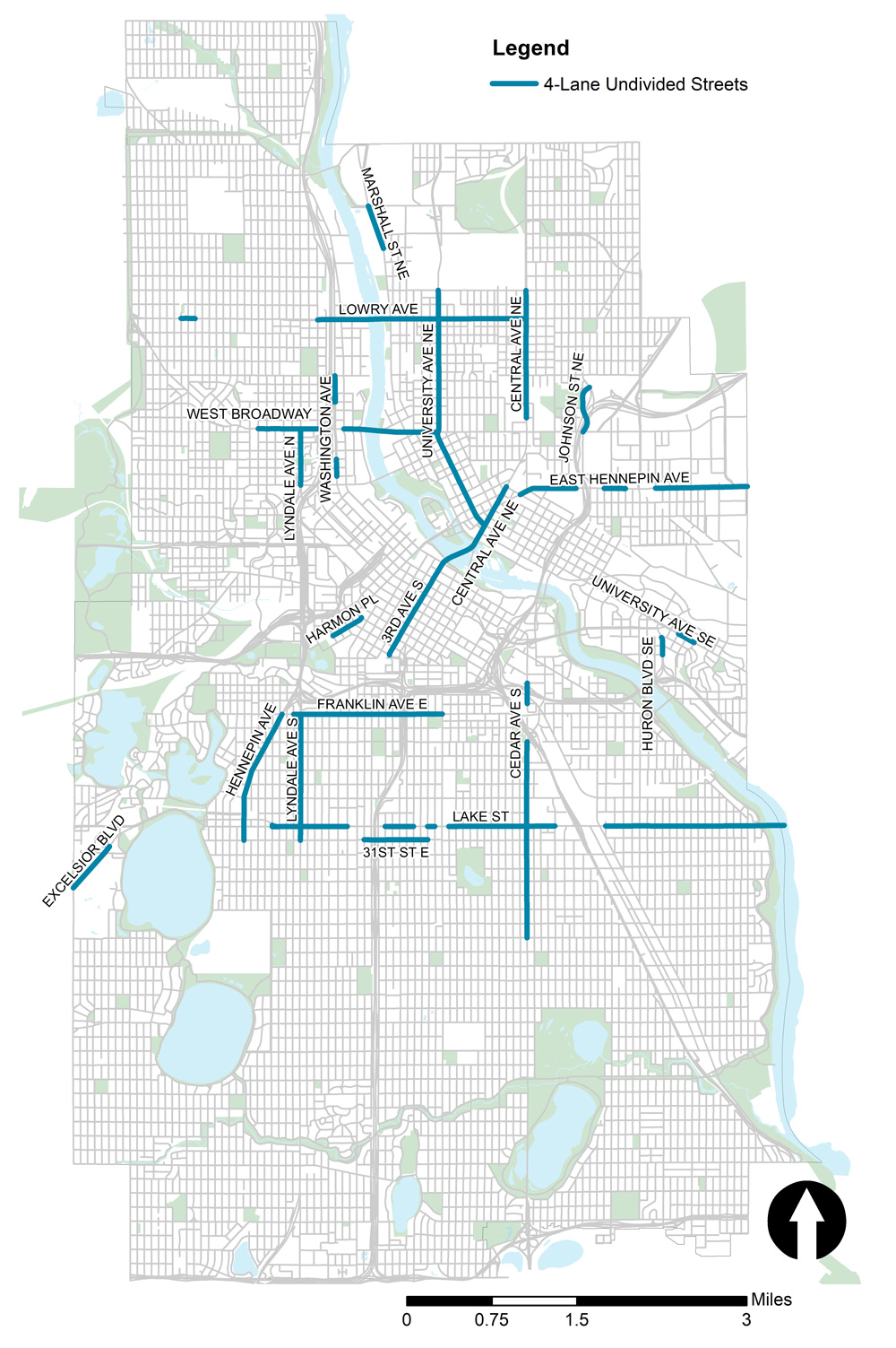 Map of 4-Lane Undivided Streets